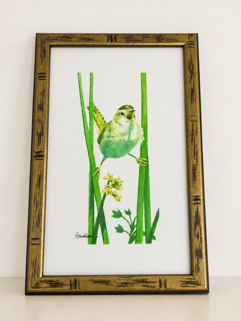 Vintage Marsh Wren Songbird Watercolor Print Bamboo Style Frame Bird Art 12.5in.